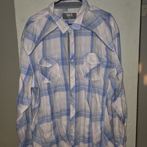 BKE Men's Light Blue and White Plaid Shirt